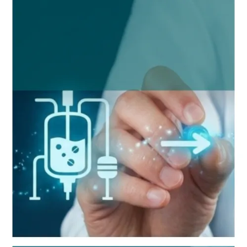 A scientist in a white lab coat and blue tie holds a digital stylus, interacting with a glowing teal infographic flow. This depicts AI in pharmaceutical supply chains using three glowing icons connected by arrows: a molecular structure with a downward arrow, a chemical processing/bioreactor tank, and a hospital or clinic building labeled "CLINIC" with a medical cross. A dark blue band stretches across the upper portion of the image, featuring the white "Pharmatica" infinity-loop logo and bran