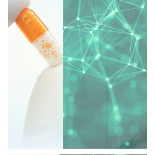 A split-screen digital graphic for "Drug Discovery and Pharmacoinformatics in 2026". On the left side, a gloved hand holds an orange and transparent capsule filled against a bright white background. The right side features a translucent teal overlay with a glowing, interconnected digital network superimposed over an image of a pipette dropping liquid. In the top right corner, the "Pharmatica" logo is visible, consisting of a white infinity-like loop emblem above the com