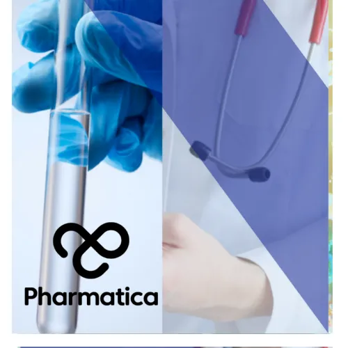 A split-screen graphic contrasting laboratory and clinical environments, demonstrating preclinical vs clinical research. The left side shows a gloved hand holding a test tube with liquid, while the right side shows a healthcare professional in a white lab coat with a red stethoscope holding a clipboard. Geometric blue overlays connect the two scenes, and the black Pharmatica logo is in the bottom right corner.