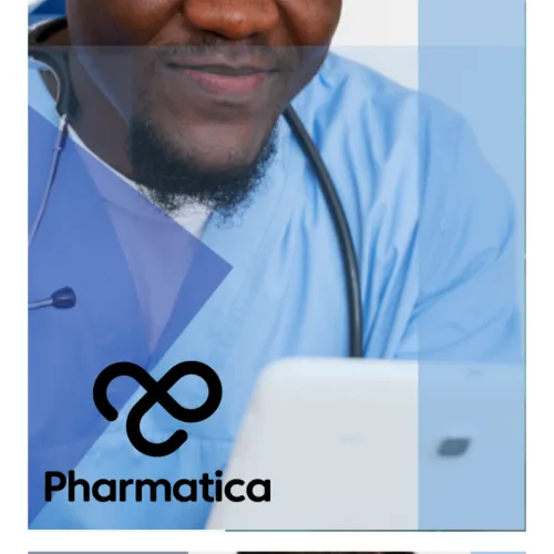 The headline image for the article on Decentralised Clinical Trials shows a smiling Black male healthcare professional wearing blue scrubs and a stethoscope around his neck, looking down at a tablet computer. The image is overlaid with semi-transparent, modern geometric shapes in shades of blue and purple. In the bottom right corner, the "Pharmatica" logo&mdash;a black infinity-style symbol resembling a stylized infinity sign or intertwined loops&mdash;is visible above the brand name.