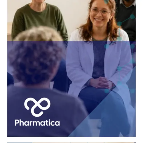 A graphic banner for "Pharmatica" on DCT and Patient Diversity displaying a healthcare clinical trial theme.  Left & Center: A realistic photo of an older Black woman sitting in a medical office, smiling and conversing with a female healthcare provider who is wearing a white lab coat and stethoscope.