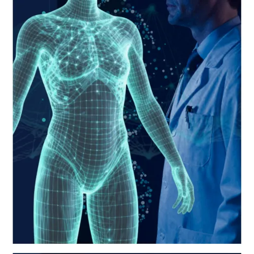 A collage featuring a 3D wireframe of a human body alongside a scientist in a lab coat looking at a digital DNA strand, with the Pharmatica logo in the top right. This represents 'Digital Twins in Clinical Trials'.