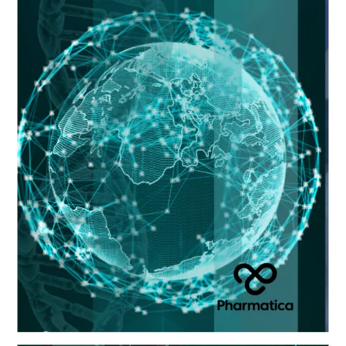 A digital globe surrounded by a glowing cyan network mesh, overlaid on a dark green background with DNA strands, molecular structures, and the Pharmatica logo.