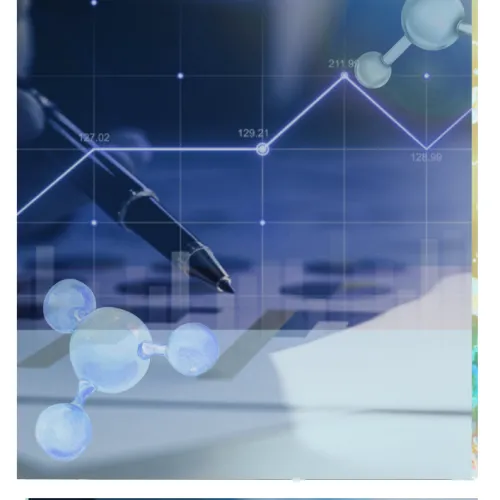 The headline image for the article on pharma R&D tech investment committee funding is made up of a financial data graphic showing a hand pointing a pen at analytical charts and a rising line graph with labeled data points. The Pharmatica logo is centered at the top within a blue circular gradient, and the image is framed by floating 3D molecular structures in the corners.