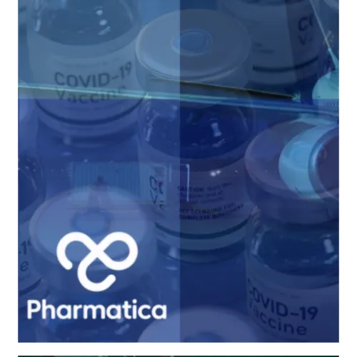 Precision Logistics in Pharma is displayed by a collage featuring COVID-19 vaccine vials and a cargo airplane being loaded at night, overlaid with blue tints, molecular structures, and the Pharmatica logo.