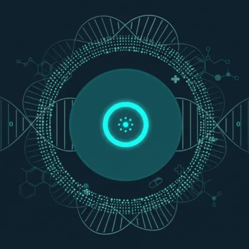 Abstract digital medical graphic of a glowing teal cell or portal surrounded by DNA strands, representing the advanced medical imaging and AI capability of Midjourney Medical.