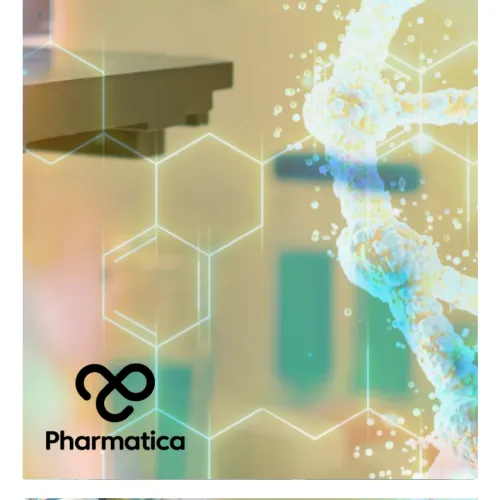 A horizontal, high-tech graphic split into two distinct visual halves, representing pharmaceutical research for the brand Pharmatica.  On the left side, a modern laboratory microscope is shown in sharp focus under cool blue and bright white lighting, with hints of red lens flare on the stage. A cluster of blurred glass test tubes sits in the foreground. In the top-left corner, the black logo for "Pharmatica" is visible, featuring an abstract infinity-shaped symbol resembling interlocking loops.  The right s