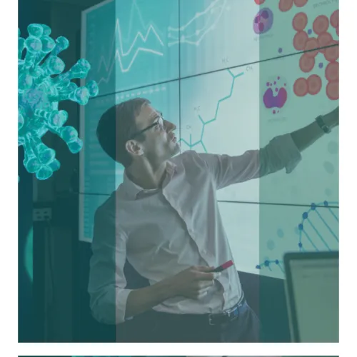 A collage featuring a scientist pointing at a large digital screen of medical data, overlaid with green-tinted microscopic cells, a virus particle, and the Pharmatica logo.