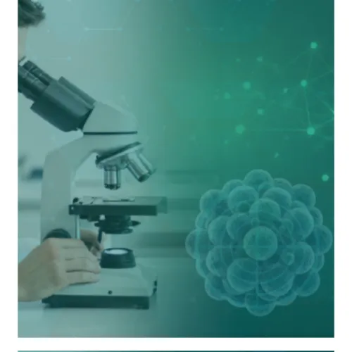 A graphic banner for "Pharmatica" displaying a dual-themed medical and technology concept. Left: A close-up profile photo of a male researcher in a white lab coat looking into a microscope. Center & Right: A dark teal overlay featuring an illuminated, green interconnected digital network grid and a faint cellular or molecular cluster illustration at the bottom center. The white "Pharmatica" infinity-loop logo and company name is on the bottom right.
