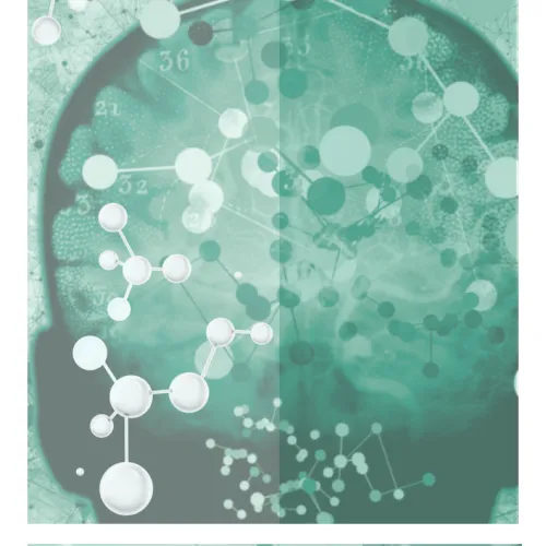 The image to represent Innovation in Drug Discovery in Psychiatry features an abstract scientific graphic on a light green background with a translucent silhouette of a human head and brain map. Complex network nodes and chemical molecular patterns overlay the image, with a lab pipette and beaker on the left and the white Pharmatica logo in the top right corner.
