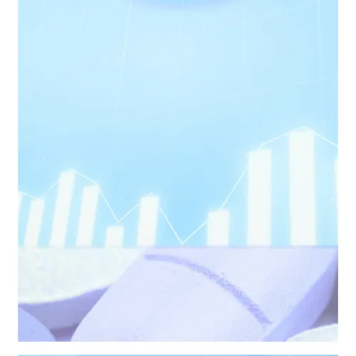 A blue graphic featuring an upward-trending bar chart and line graph, representing digital health funding Q1 2026, set against a background of close-up medicine pills.
