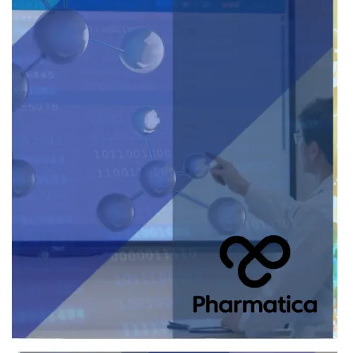 A digital graphic banner for "Pharmatica" with a corporate and scientific theme. In the background, a person wearing a white lab coat points toward a large digital smartboard displaying complex data spreadsheets, numbers, and binary code. The entire image is layered with geometric blue overlays, faint columns of alphanumeric characters, and a prominent 3D rendering of a blue molecular structure on the left side. In the bottom right corner is the white and black "Pharmatica" loop logo and name.