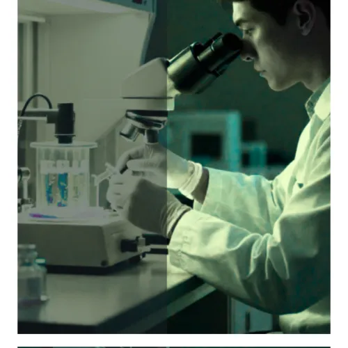 A scientist in a lab coat and gloves looking through a microscope at a workstation, with the Pharmatica logo in the bottom left corner.