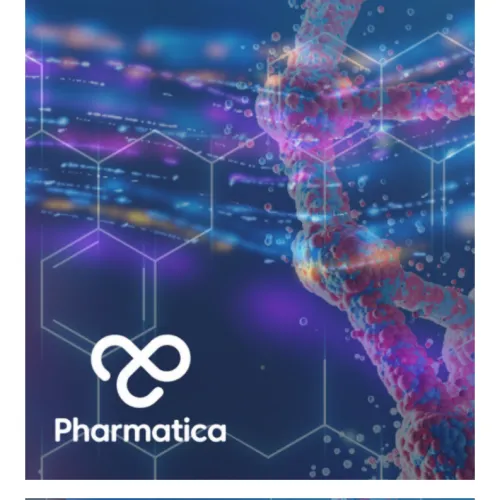 Abstract digital graphic representing Pharma Superintelligence, featuring a glowing 3D DNA double helix structure overlayed with hexagonal molecular grids, shimmering data waves in purple and orange, and the Pharmatica logo centered on a dark blue background.