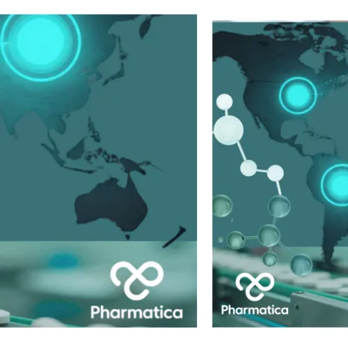 Graphic featuring a dark teal world map with glowing teal network nodes connected by dotted lines across various continents. The bottom portion shows white pills moving along a factory conveyor belt, with a translucent molecular structure on the left and the white "Pharmatica" logo in the bottom right corner.