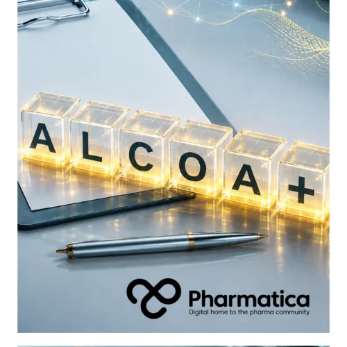 Pharmatica image representing ALCOA+ data integrity principles for pharmaceutical manufacturing and life sciences documentation, shown with glowing data connections.