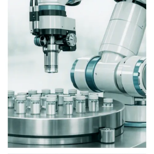 Pharmatica image for robotics in pharmaceutical manufacturing showing automated GMP equipment, sensors, and connected manufacturing data in a clean production environment.