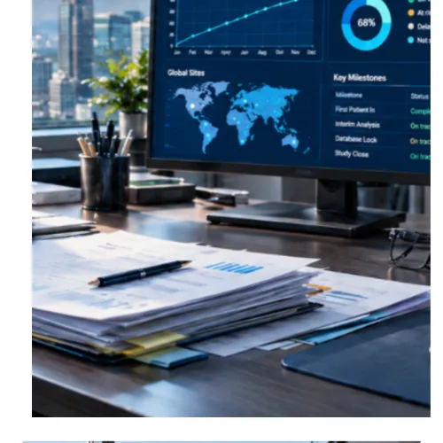 Pharmatica image of a clinical development office with clinical trial protocol amendment files, study documentation, and trial data monitors against a city skyline with an approaching storm.