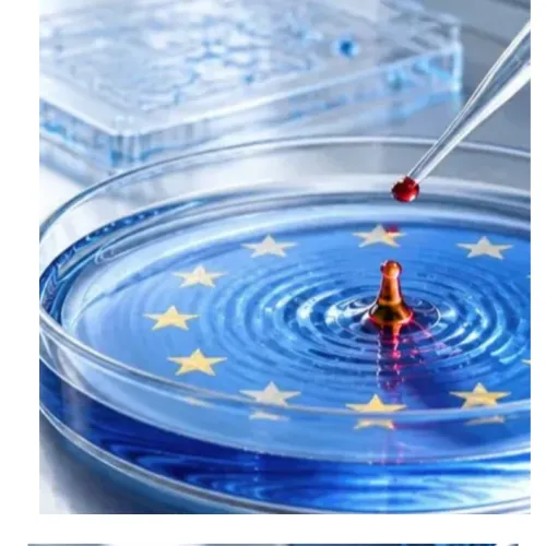 Pharmatica image of a petri dish filled with blue liquid and ringed by twelve gold stars, with a single red drop sending ripples across the surface. It illustrates the EU Biotech Act and the debate over medical AI safeguards.