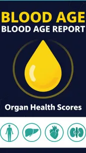 Blood Age Report infographic detailing biomarkers biological age tracking through organ health scores for liver, heart, and kidney function.