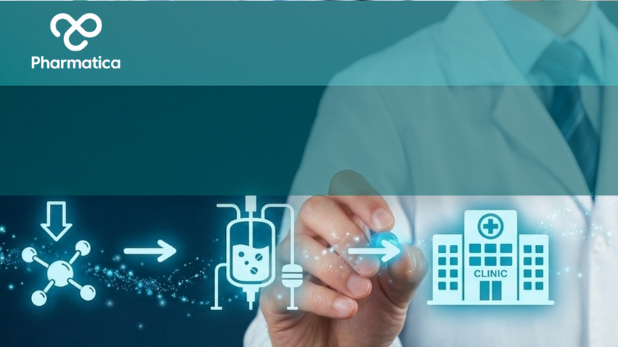 A scientist in a white lab coat and blue tie holds a digital stylus, interacting with a glowing teal infographic flow. This depicts AI in pharmaceutical supply chains using three glowing icons connected by arrows: a molecular structure with a downward arrow, a chemical processing/bioreactor tank, and a hospital or clinic building labeled "CLINIC" with a medical cross. A dark blue band stretches across the upper portion of the image, featuring the white "Pharmatica" infinity-loop logo and bran