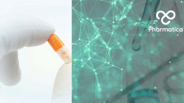 A split-screen digital graphic for "Drug Discovery and Pharmacoinformatics in 2026". On the left side, a gloved hand holds an orange and transparent capsule filled against a bright white background. The right side features a translucent teal overlay with a glowing, interconnected digital network superimposed over an image of a pipette dropping liquid. In the top right corner, the "Pharmatica" logo is visible, consisting of a white infinity-like loop emblem above the com