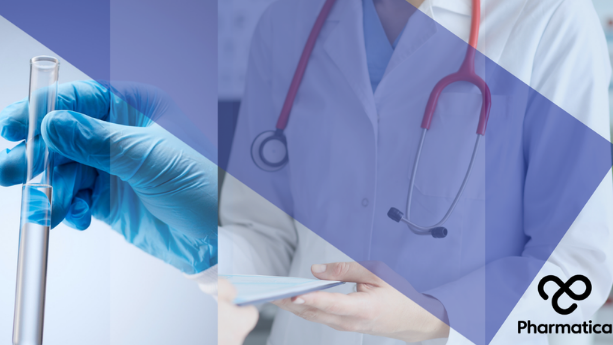 A split-screen graphic contrasting laboratory and clinical environments, demonstrating preclinical vs clinical research. The left side shows a gloved hand holding a test tube with liquid, while the right side shows a healthcare professional in a white lab coat with a red stethoscope holding a clipboard. Geometric blue overlays connect the two scenes, and the black Pharmatica logo is in the bottom right corner.