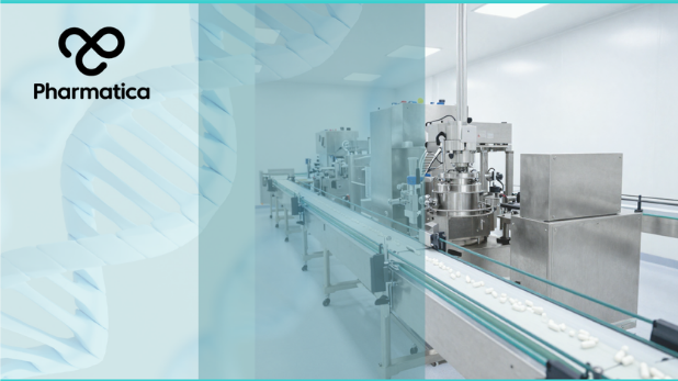 High-quality image of automated machinery for continuous pharmaceutical manufacturing with Pharmatica branding.