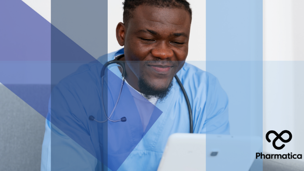 The headline image for the article on Decentralised Clinical Trials shows a smiling Black male healthcare professional wearing blue scrubs and a stethoscope around his neck, looking down at a tablet computer. The image is overlaid with semi-transparent, modern geometric shapes in shades of blue and purple. In the bottom right corner, the "Pharmatica" logo&mdash;a black infinity-style symbol resembling a stylized infinity sign or intertwined loops&mdash;is visible above the brand name.