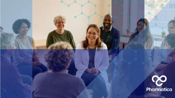 A graphic banner for "Pharmatica" on DCT and Patient Diversity displaying a healthcare clinical trial theme.  Left & Center: A realistic photo of an older Black woman sitting in a medical office, smiling and conversing with a female healthcare provider who is wearing a white lab coat and stethoscope.