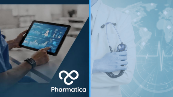 A healthcare clinician reviewing data on a tablet next to a doctor graphic, representing decentralised clinical trials pharma strategy.
