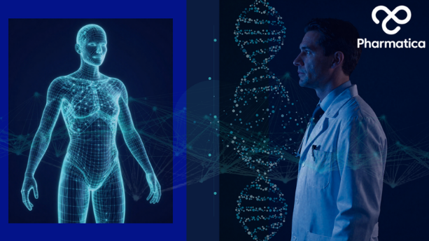 A collage featuring a 3D wireframe of a human body alongside a scientist in a lab coat looking at a digital DNA strand, with the Pharmatica logo in the top right. This represents 'Digital Twins in Clinical Trials'.