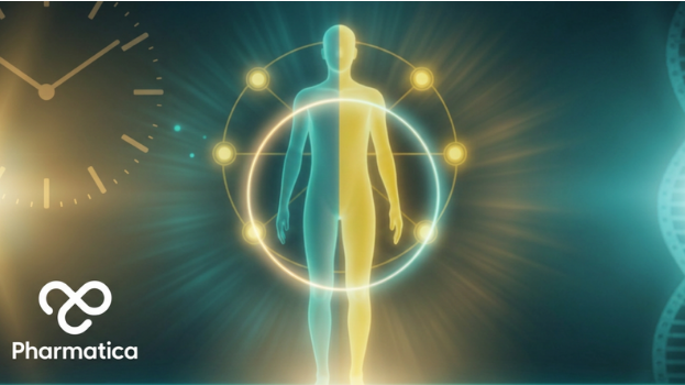 Biomarkers biological age illustration showing a human silhouette, DNA strands and AI-powered health analysis representing precision medicine and longevity research.