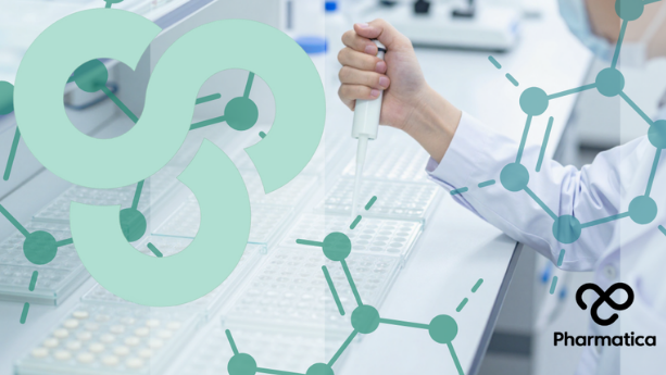 Pharmatica branded pharmaceutical research image featuring a laboratory scientist using a pipette, overlaid with molecular network graphics representing drug discovery, pharmaceutical R&D, and scientific innovation from integrated DMTA cycles.