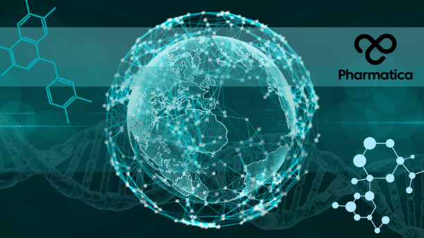 A digital globe surrounded by a glowing cyan network mesh, overlaid on a dark green background with DNA strands, molecular structures, and the Pharmatica logo.