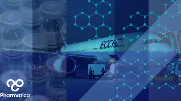 Precision Logistics in Pharma is displayed by a collage featuring COVID-19 vaccine vials and a cargo airplane being loaded at night, overlaid with blue tints, molecular structures, and the Pharmatica logo.