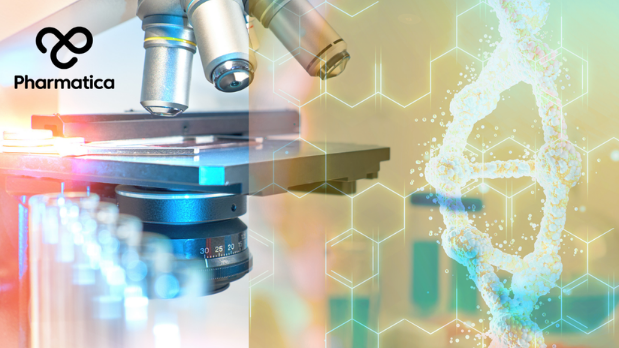 A horizontal, high-tech graphic split into two distinct visual halves, representing pharmaceutical research for the brand Pharmatica.  On the left side, a modern laboratory microscope is shown in sharp focus under cool blue and bright white lighting, with hints of red lens flare on the stage. A cluster of blurred glass test tubes sits in the foreground. In the top-left corner, the black logo for "Pharmatica" is visible, featuring an abstract infinity-shaped symbol resembling interlocking loops.  The right s