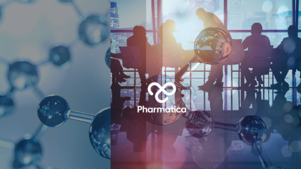 Strategic pharma intelligence concept featuring Pharmatica branding, molecular structures, global business leaders in discussion, and pharmaceutical innovation imagery, representing data-driven decision-making, industry analysis, and executive strategy in the life sciences sector.