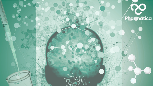 The image to represent Innovation in Drug Discovery in Psychiatry features an abstract scientific graphic on a light green background with a translucent silhouette of a human head and brain map. Complex network nodes and chemical molecular patterns overlay the image, with a lab pipette and beaker on the left and the white Pharmatica logo in the top right corner.