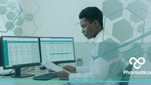 Clinical research professional reviewing operational data and regulatory documents on dual-monitor workstations, illustrating CRO vendor oversight in clinical trials, vendor performance monitoring, compliance management, and quality assurance across outsourced clinical research operations.