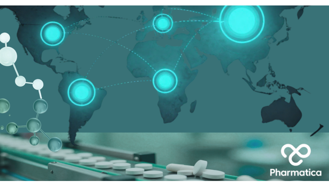 Graphic featuring a dark teal world map with glowing teal network nodes connected by dotted lines across various continents. The bottom portion shows white pills moving along a factory conveyor belt, with a translucent molecular structure on the left and the white "Pharmatica" logo in the bottom right corner.