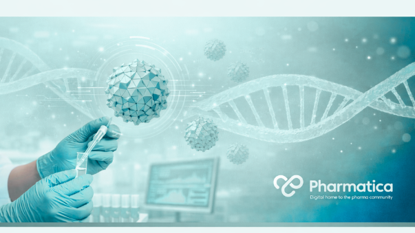 Scientist&rsquo;s gloved hands handling a vial and pipette in a bright laboratory with a glowing DNA helix and AAV capsid, representing advanced AAV vector manufacturing and gene therapy process development.