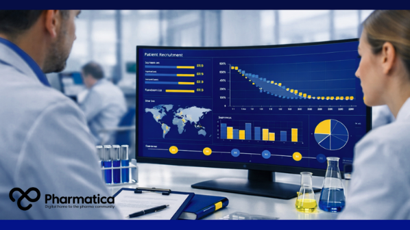 Pharmatica representation of deep learning in clinical trials, especially AI‑driven patient recruitment in clinical trials with a realistic laboratory setting and data visualisations, global site maps, and trial analytics dashboards illustrating machine learning in clinical trials, patient recruitment AI, and adaptive trial design AI.