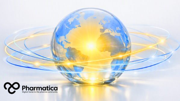 Pharmatica image of a glass globe illuminated from within by bright yellow light, surrounded by blue data lines, symbolising AI bringing light, intelligence, and innovation to global healthcare through the Anthropic and Gates Foundation Partnership.