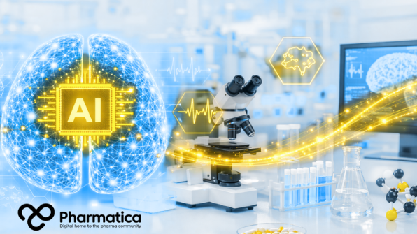 Pharmatica&rsquo;s AI in neuroscience graphical concept showing a digital brain connected to pharmaceutical research, precision psychiatry, biomarkers, and advanced artificial intelligence technologies.