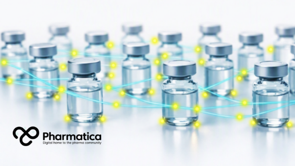 Pharmatica image representing AI and machine learning in sterile pharmaceutical manufacturing. The image shows precision glass ampoules with a digital data mesh overlay, symbolising AI-driven quality and contamination detection.