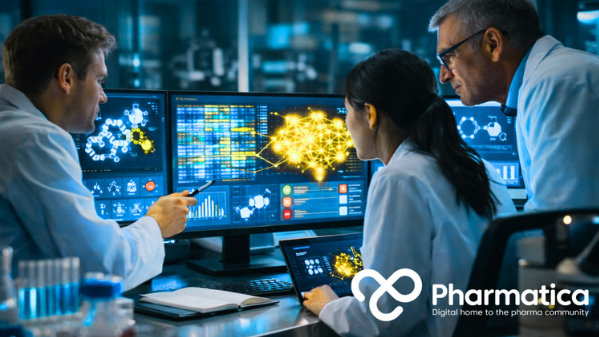 Pharmatica photo‑realistic representation of scientists collaborating in a unified AI‑driven pharmaceutical research environment using Claude Science, integrating genomics, structural biology, cheminformatics, and AI-assisted pharmaceutical research