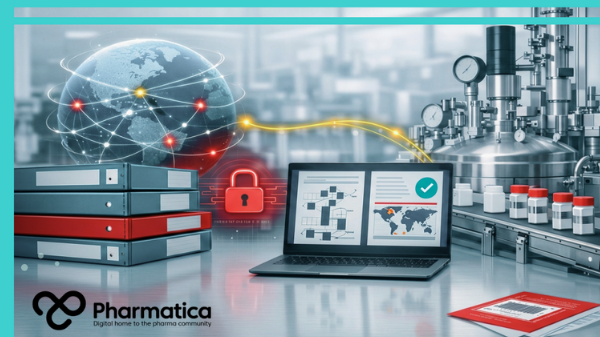 Pharmatica photo‑realistic representation of CMC regulatory submissions showing global data networks, secure digital dossier exchange, and pharmaceutical manufacturing integration &mdash; document binders, connected globe, red padlock cybersecurity icon, and industrial equipment with red‑capped vials illustrate digital CMC submissions, regulatory reliance, and manufacturing quality.