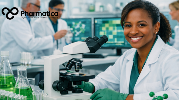 Pharmatica image of a modern pharmaceutical research laboratory representing drug discovery scientists using computational biology, structural biology, medicinal chemistry, and AI-assisted therapeutic research.