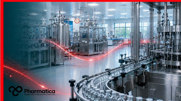 Modern pharmaceutical manufacturing facility with stainless steel equipment, automated vial conveyor, and red digital data wave overlay symbolising FDA regulatory oversight and digital quality systems.
